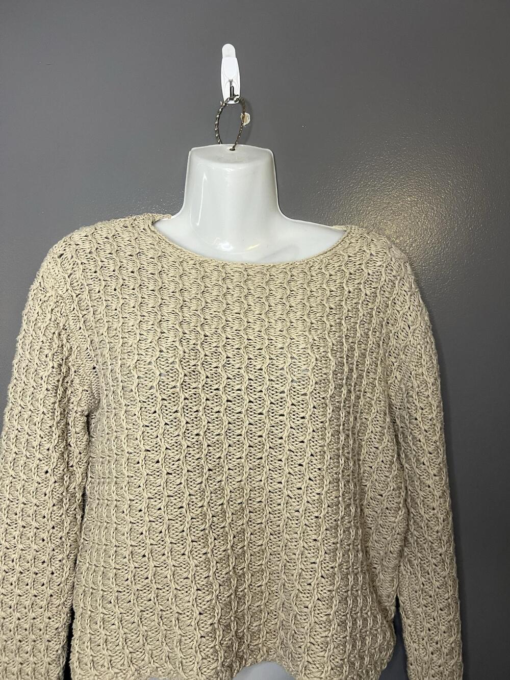 J Jill Sweater Womens Small Beige Open Knit Crew Neck 100% Cotton Pullover
